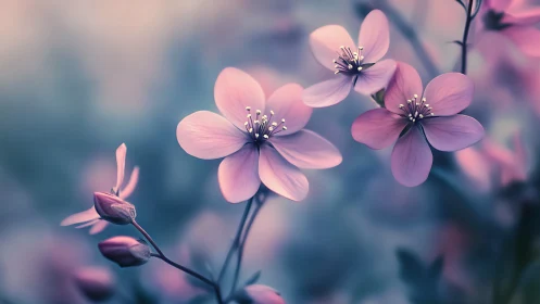 Soft-Petaled Reverie: Five Pink Blooms Dreaming at Dusk.