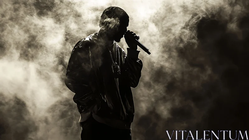 Backlit hip-hop vocalist silhouetted in dense stage fog