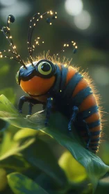 Macro render of stylized bioluminescent caterpillar on leaf