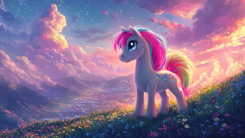 Colorful cartoon pony on bright sunset valley hilltop.