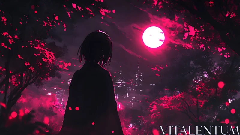 Anime nightscape with silhouetted figure and neon moonlit forest.
