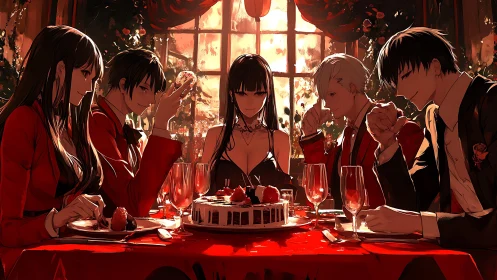 Elegant anime group at red-lit dessert dinner table.
