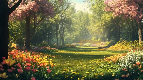 Sunlit spring garden with blooming flowers and lush trees, digital art.