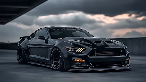 Widebody black muscle coupe under storm-loaded evening sky.