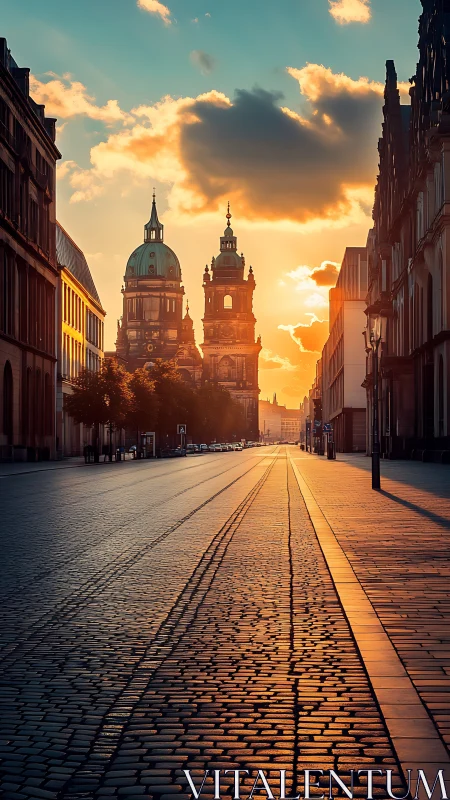 Sunlit European boulevard with baroque domes at sunset.