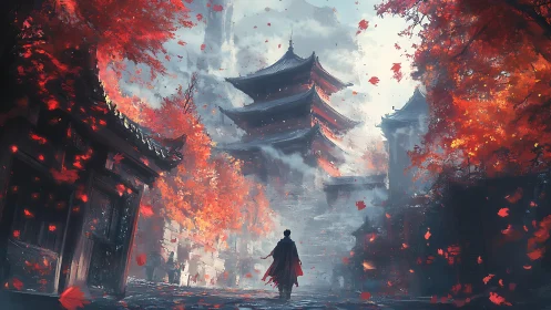 Crimson leaves swirl as a lone traveler nears misty temples