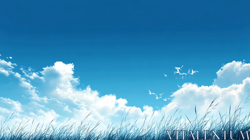 Serene field with tall grass under blue sky and fluffy clouds, digital art.