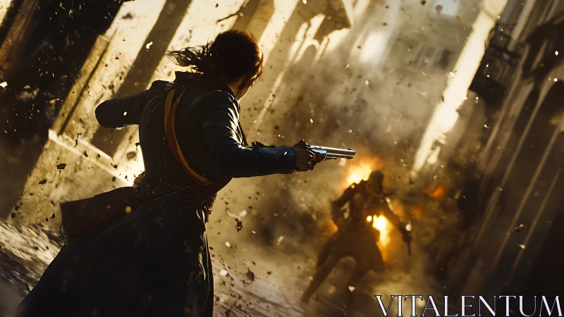 Armed figure in urban alley amid explosion and debris.