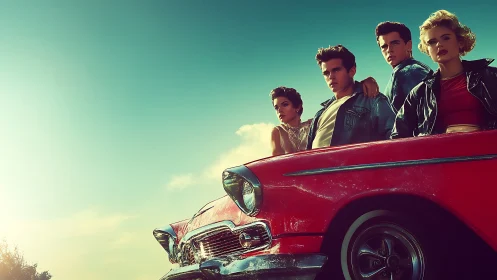 Retro-styled group posed in red classic convertible car.
