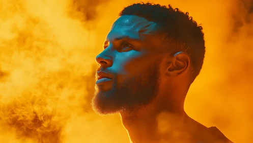 Cinematic male portrait in blue rim light and orange haze.