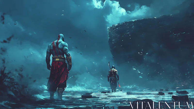 Mythic warriors crossing stormlit tundra toward monolithic cliff