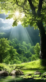 Sunlit forest pond where gentle green light softly gathers.