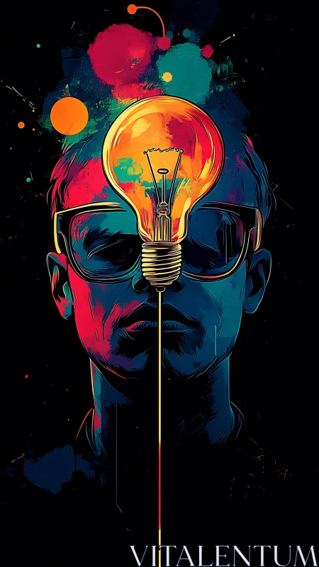 Bold portrait with glowing lightbulb and abstract colors.