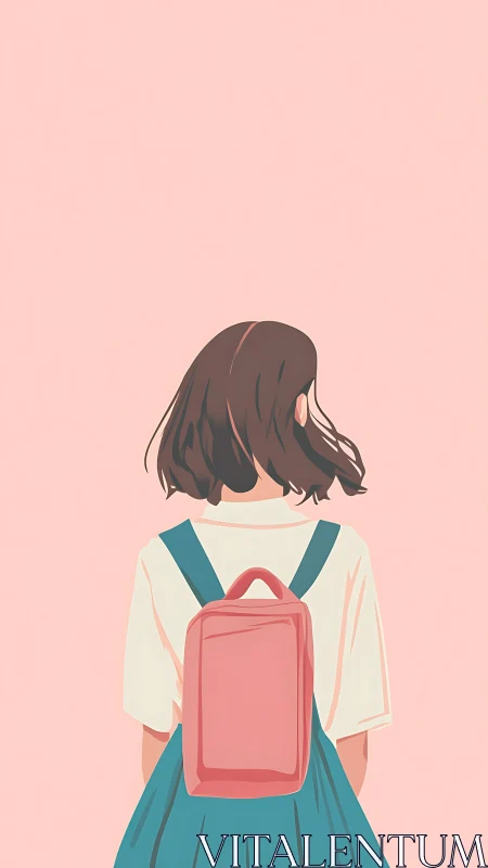 Girl with pink backpack stands against flat pastel background
