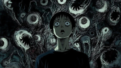 Terrified boy before writhing eldritch eyes and toothy maws