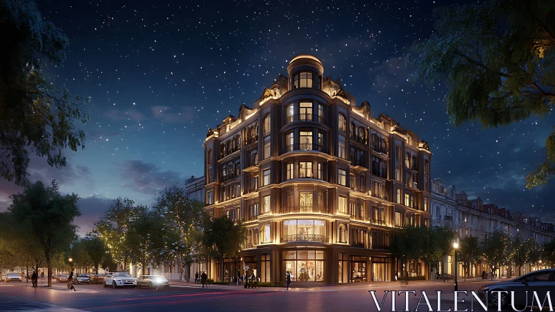 Luxury corner residence under cinematic night city lighting.