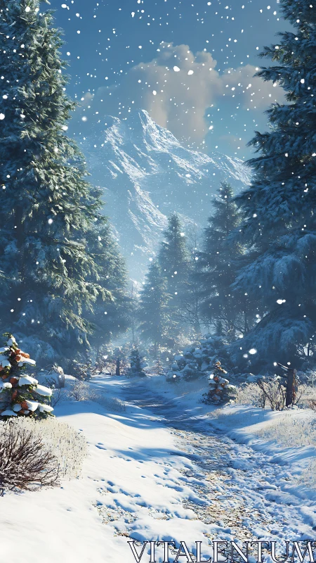 Snow-laden conifer trail under alpine backlit ridgefront.