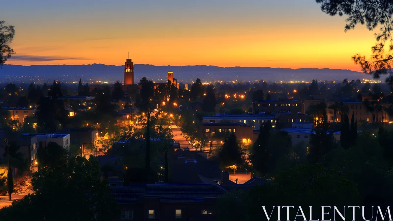 Golden hour city skyline glows softly against distant hills