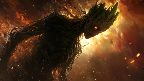 Burning cosmic treant silhouette emerges from molten sky