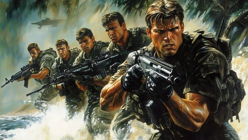 Storm-charged soldiers move forward with intense focus and grit