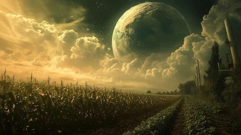 Cornfield and industrial structures under large planet sky