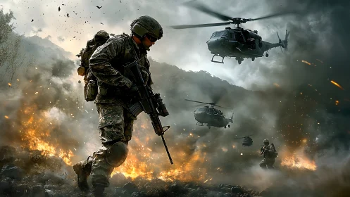 Armed infantry and helicopters in active combat landscape.