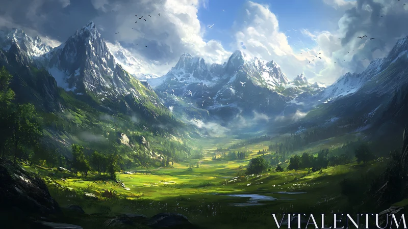 Digital mountain valley landscape shows layered alpine depth