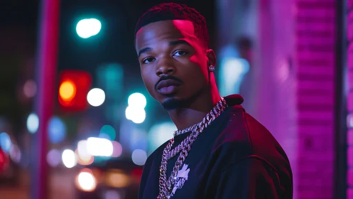 Neon city night frames a confident man in bold street style