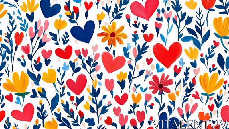 Vibrant Botanical Floral Pattern with Hearts and Leaves Composition