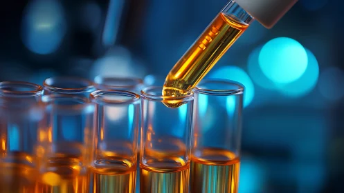 Glowing lab test tubes filled with warm amber liquid at dusk.