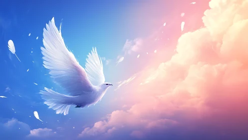 White dove ascends through gradient sky with luminous clouds