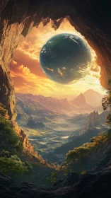 Suspended planet hovers above cavern-framed sunrise valley