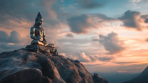 Serene metallic Buddha statue overlooks glowing mountain sunset