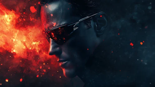 Cybernetic agent profile framed by fire and shadow contrast