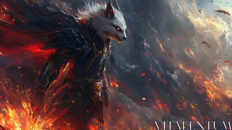 Armored anthropomorphic wolf amid dispersed volcanic embers.