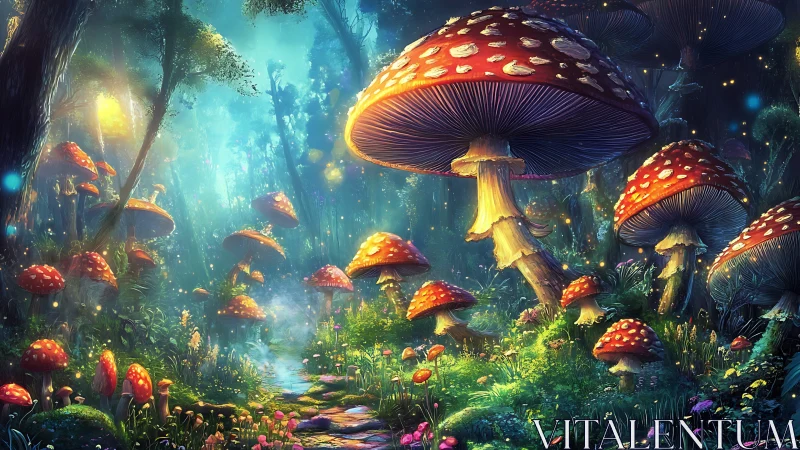 Lantern-lit toadstool forest where glowing spores drift softly.