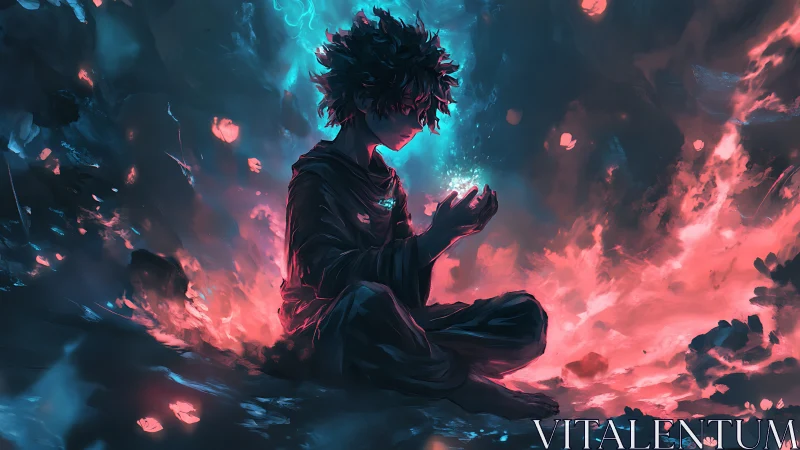 Meditating figure holds glowing blue energy amid red flames