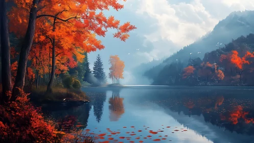 Golden autumn lake under misty mountains at sunrise.