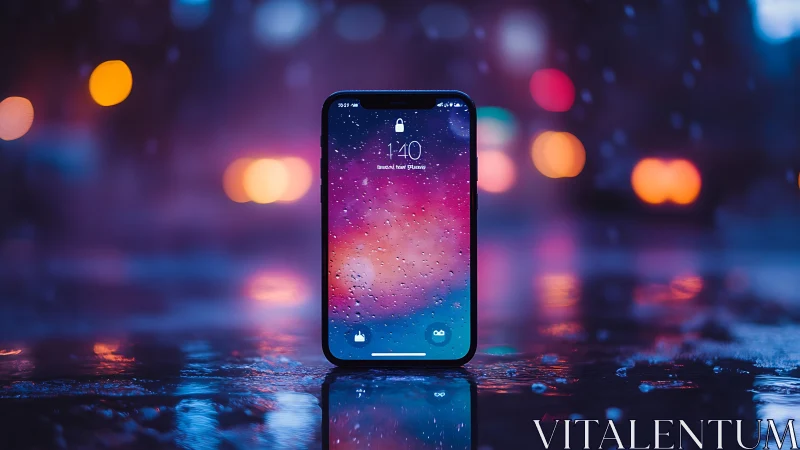 Smartphone stands on wet city street with neon bokeh lights.