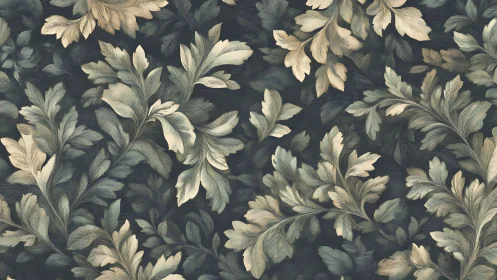 Muted botanical foliage pattern with layered vintage leaves.