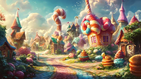 Whimsical candy kingdom with towering lollipop castles under golden skies.