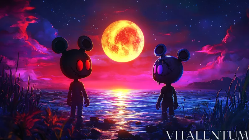 Cartoon mouse figures under vivid neon moonlit seascape.
