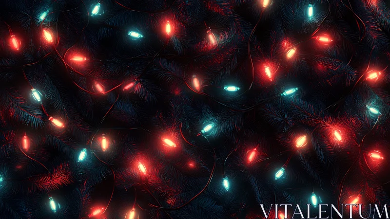 Holiday string lights over dark fir branches in bokeh glow.