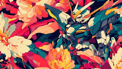 Digital painting mecha framed by explosive floral abstractions.