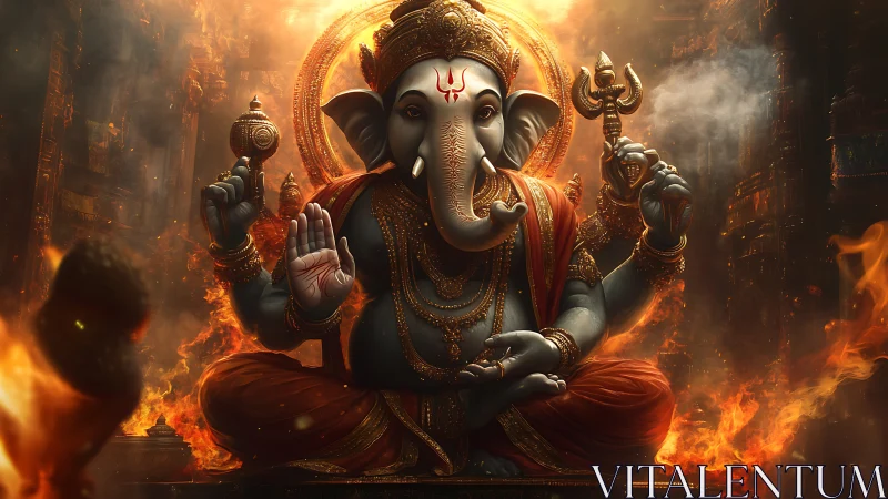 Elephant-headed deity figure sits amid flames and architecture