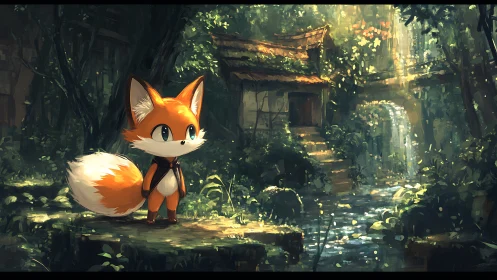 Anthropomorphic fox explorer in sunlit overgrown forest ruin