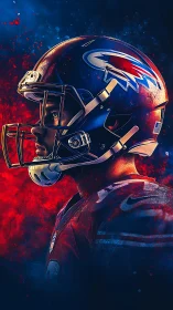 Focused football player glowing in bold red and blue light.