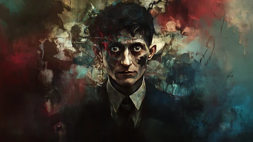 Haunted young man dissolves into turbulent painted shadows.