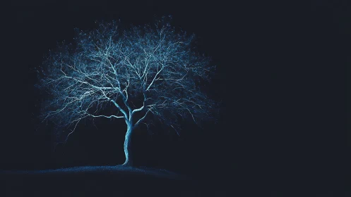 Solitary leafless tree is illuminated against dark background