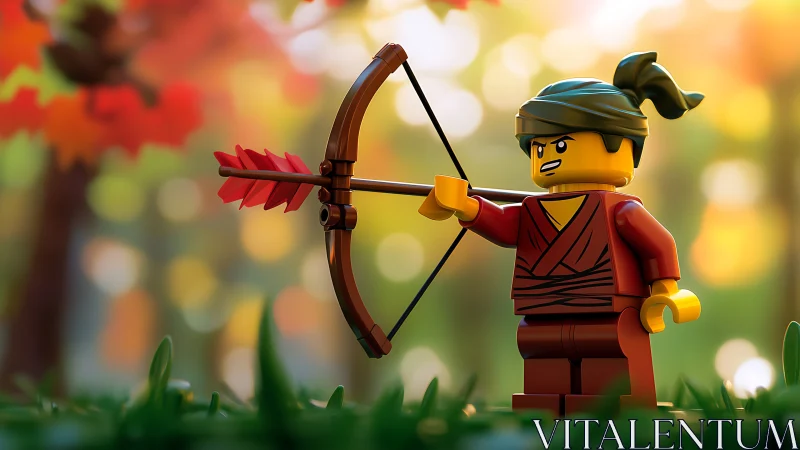 Toy archer minifigure with bow in soft forest setting.